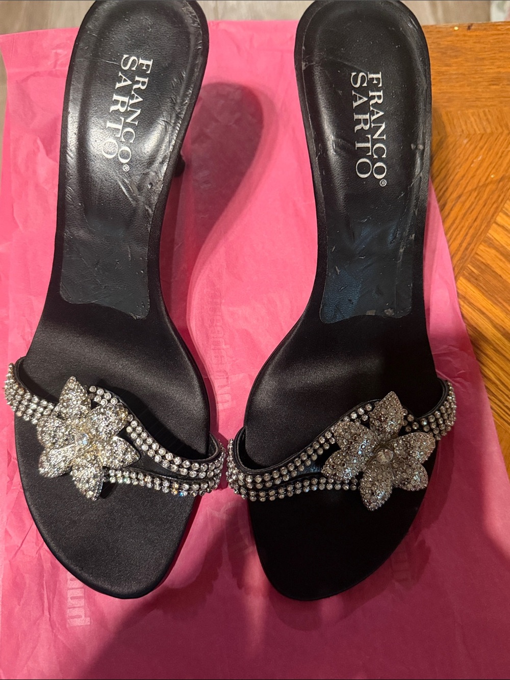 Franco Sarto Black Satin Slide Heels with Crystal Floral Straps